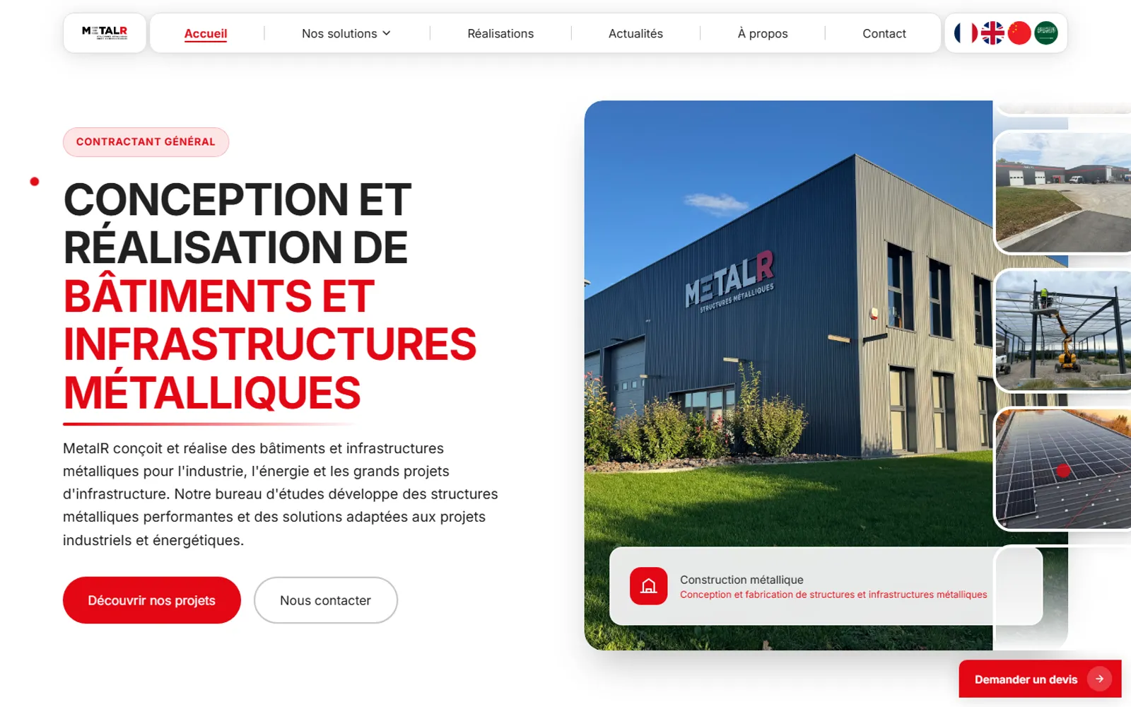 Site vitrine multilingue de MetalR, contractant général en bâtiments et infrastructures métalliques