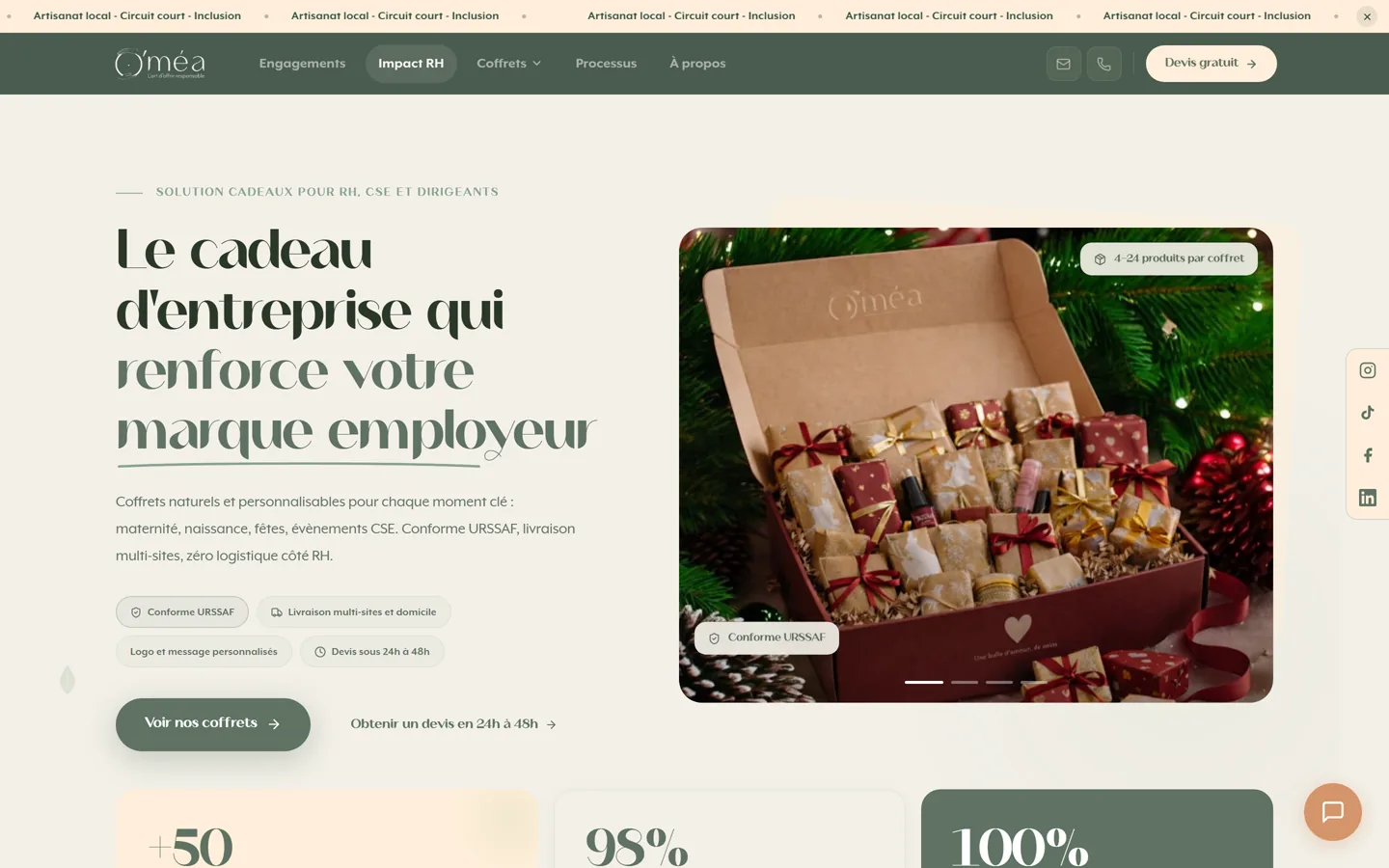 O'méa Pro : coffrets cadeaux d'entreprise pour RH et CSE, site réalisé par OTIKA